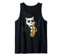Stylish Cat Playing Saxophone with Notes Funny Music Camiseta sin Mangas