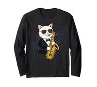 Stylish Cat Playing Saxophone with Notes Funny Music Manga Larga