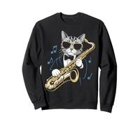 Stylish Cat Playing Saxophone with Notes Funny Music Sudadera