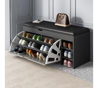 Stylish Entryway Shoe Bench with Cushion Seat Wood Storage Cabinet with Doors Free Standing Hidden Shoe with Flip Drawer for Hallway Black (31"x12"x20")