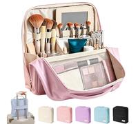 Stylish Handheld Partitioned Cosmetic Bag, Standing Partition Makeup Bag, Portable Standing Travel Makeup Bags for Women, Standing Make Up Bags with Luggage Band (Pink(Medium))