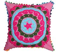 Stylo Culture Bohemio Fundas Almohadones Decorativa 43x43 cm Algodón Floral Fundas para Cojines Sofa Rosa 17x17 Inch Pompón Bordado Suzani Cuadrado Cremallera Fundas Almohadones para Sillas - 1 Pc