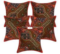 Stylo Culture Boho Forros De Cojines Decorativa 40x40 cm Algodón Bordado Fundas Almohadones Sofa Naranja 16x16 Inch Patchwork De Cuentas Cuadrado sobre Cojin para La Cama - 5 Pcs
