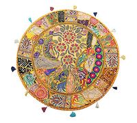 Stylo Culture Decorativo Indio Bohemio Redondo Cojines De Suelo Sofá Cama Grandes Patchwork Fundas Decorativas para Cojines Mango Amarillo 80x80 cm Algodón Bordado Vintage Funda De Almohada