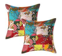 Stylo Culture Ethnicas Fundas Cojines Decorativa 40x40 cm Algodón Tropicana Funda Almohadon Sofa Multicolor 16x16 Inch Patchwork Kantha Cuadrado sobre Funda Cojin Cama - 2 Pcs