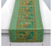 Stylo Culture Étnico Decorativo Camino De Mesa con Borlas Decoracion Jacquard para Comedor Verde Oro Decoración De La Cocina Brocado Elefante Floral | 60 Inch (152 x 40 cm)