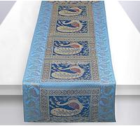 Stylo Culture Étnico Decorativo Camino De Mesa Dorado Jacquard para Comedor Turquesa Oro Decoración del Hogar Brocado Pavo Real Floral | 60 Inch (152 x 40 cm)