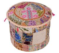 Stylo Culture Étnico Indio Puf Asiento Reposapiés Funda Algodón Patchwork Bordado Otomano Taburete Puf Funda Beige Floral 40 cm Reposapiés Suelo Cojín Funda Muebles Étnicos (16x16x13)(Solo Cubierta)
