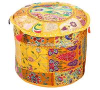 Stylo Culture Otomano Puf Banco Tela Reposapiés Cubierta Amarillo Étnico Bordado Patchwork Algodón Tradicional Redondo Puf Otomano Cubierta (18x18x13 Pulgadas) 45cm (Cubierta Solamente)