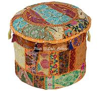 Stylo Culture Puf Tradicional Hecho a Mano Puf Funda para reposapiés Algodón Patchwork Bordado Otomano Taburete Puff Funda Floral Amarillo Asiento de Tela Muebles Cojín de Suelo (Cubierta Solamente)