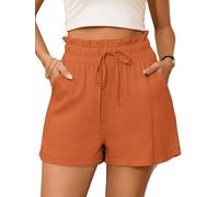 StylSense Pantalones cortos de verano para mujer, de algodón y lino, cintura alta elástica con bolsillos, Rojo ladrillo, L