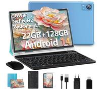 SUAAT 2024 Tablette 10 Pouces Android 14 Avec 22Go RAM 128Go ROM (1To TF Extensible), WiFi 2.4G+5G, 8-Cores, 8000mAh, WiFi 6, Widevine L1, Tablette Tactile Avec Clavier| Souris| Etui-Bleu