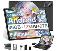 SUAAT Android 15 Tablet 10.1 Pulgadas, Gemini AI,Widevine L1,Octa Core, 8000mAh, 30GB RAM+ 128GB ROM+2TB, 8MP+5MP, Bluetooth 5.0, Incluye Ratón, Teclado y Funda Protectora-Negro