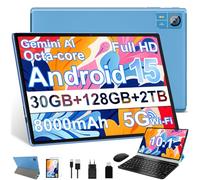 SUAAT Android 15 Tablet 10.1 Pulgadas, Gemini AI,Widevine L1,Octa Core, 8000mAh, 30GB RAM+ 128GB ROM+2TB, 8MP+5MP, Bluetooth 5.0, Incluye Ratón, Teclado y Funda Protectora-Azul