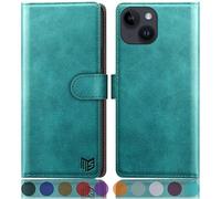 SUANPOT Funda para iPhone 15 Plus 6.7" con Tapa 【Bloqueo RFID】de Cuero PU Cierre Magnético，Soporte Plegable，Ranura para Tarjeta Cover Wallet Leather para Apple 15 Plus Phone Case Azul Verde