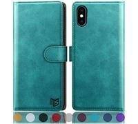 SUANPOT Funda para iPhone X/XS 5,8" con Tapa 【Bloqueo RFID】de Cuero PU Cierre Magnético，Soporte Plegable，Ranura para Tarjeta Cover Wallet Leather para Apple X/XS Phone Case Azul Verde
