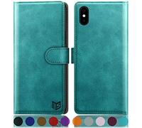 SUANPOT Funda para iPhone XS MAX 6,5" con Tapa 【Bloqueo RFID】de Cuero PU Cierre Magnético，Soporte Plegable，Ranura para Tarjeta Cover Wallet Leather para Apple XS MAX Phone Case Azul Verde