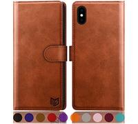 SUANPOT Funda para iPhone XS MAX 6,5" con Tapa 【Bloqueo RFID】de Cuero PU Cierre Magnético，Soporte Plegable，Ranura para Tarjeta Cover Wallet Leather para Apple XS MAX Phone Case Marrón Claro