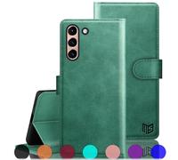 SUANPOT Funda para Samsung Galaxy S21 FE con Tapa 【Bloqueo RFID】de Cuero PU Cierre Magnético，Soporte Plegable，Ranura para Tarjeta Cover Wallet Leather para Samsung S21 FE Phone Case Verde Marino