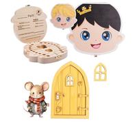 SUAPOZ Pack Puerta Ratoncito Perez + Caja Dientes de leche Niño Niña. Caja Recuerdos Bebe. Madera de Calidad (Niña)