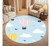 Suave Alfombra Redonda de Pelo Corto 100 cm Fiámetro ImpresióN de Globo AerostáTico de Dibujos Animados - TPR Antideslizante Lavable Alfombra Redonda Azul Claro para Salón, Dormitorio e Infantil