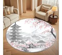 Suave Alfombra Redonda de Pelo Corto 180 cm Fiámetro Arquitectura Tradicional Japonesa - TPR Antideslizante Lavable a Máquina Alfombra Redonda Flores de Cerezo Rosas para Salón, Dormitorio e Infantil