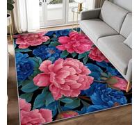 Suave Alfombras Tradicional Realista Floral Hoja Decorativas, Alfombra Azul Polvo de Pelo Corto Resistente 80 x 150 cm - Ideal para Salón Habitación y Dormitorio