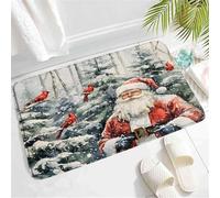Suave Tapete Invierno Santa Claus Acuarela Rústico Pájaro Rojo S Escena Árbol de Pino Vacaciones de Navidad Alfombrilla Almohadilla de baño 40×60cm para Dormitorio,Cuarto de Baño,Puerta