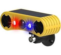 SUAVER Detector de movimiento solar con 13 sonidos, resistente al agua, 129 dB, doble altavoz, sonido solar y LED rojo, azul, advertencia de seguridad, luz estroboscópica, ladridos y sonido de disparo
