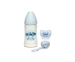 Suavinex 304400 - Set de topes bib (270 ml, incluye chupete 0/6 m, incluye enganche para colgar), color azul
