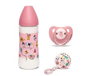 Suavinex, Biberón 360ml + Chupete con tetina anatómica de Látex + Broche Redondo, Rosa Picnic, 6-18 Meses