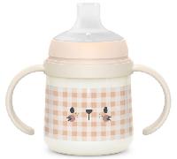 Suavinex, Vaso Aprendizaje Bebé, Biberón con Asas que Brilla en la Oscuridad, con Boquilla Antiderrame de Silicona y Válvula Anti-Cólico, para Bebés +6 Meses, Ideal para Usar por la Noche, Rosa