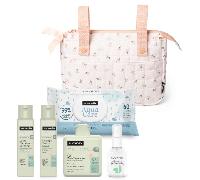 Suavinex, Bolso Carro Bebé tipo Panera con Cosmética. Incluye: Gel Espumoso, 300 ml + Champú 100 ml + Crema Corporal, 100 ml + Baby Cologne, 50 ml + Toallitas. Canastilla Regalo Recién Nacido, Rosa