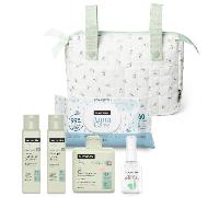 Suavinex, Bolso Carro Bebé tipo Panera con Cosmética. Incluye: Gel Espumoso, 300 ml + Champú 100 ml + Crema Corporal, 100 ml + Baby Cologne, 50 ml + Toallitas. Canastilla Regalo Recién Nacido, Verde