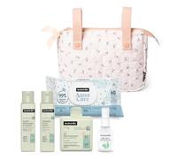 Suavinex, Bolso Carro Bebé tipo Panera con Cosmética. Incluye: Gel Espumoso, 300 ml + Champú 100 ml + Crema Corporal, 100 ml + Baby Cologne, 50 ml + Toallitas. Canastilla Regalo Recién Nacido, Rosa
