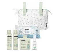 Suavinex, Bolso Carro Bebé tipo Panera con Cosmética. Incluye: Gel Espumoso, 300 ml + Champú 100 ml + Crema Corporal, 100 ml + Baby Cologne, 50 ml + Toallitas. Canastilla Regalo Recién Nacido, Verde