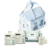 Suavinex, Canastilla Regalo Bebé Recién Nacido + Cosmética Pediátrica, Azul | Nevera Portátil con: Gel Baño Espumoso 300 ml + Leche Hidratante 300 ml + Toallitas 25 ud + Colonia 50 ml, Apto Piel Sensible