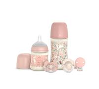 Suavinex, Canastilla, Set Regalo Recién Nacido con Biberones Anticólicos de 150 ml Flujo Lento + 270 ml Flujo Medio + 2 Chupetes 0/6 Meses con Tetina Fisiológica SX Pro + Chupetero. Wonderland Rosa