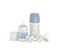 Suavinex, Canastilla, Set Regalo Recién Nacido con Biberones Anticólicos de 150 ml Flujo Lento + 270 ml Flujo Medio + 2 Chupetes 0/6 Meses con Tetina Fisiológica SX Pro + Chupetero. Wonderland Azul