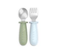 Suavinex, Cubiertos Bebé de Acero Inoxidable, Pack Cuchara + Tenedor, Verde | Bebés +6 Meses, de Aprendizaje, Ideal BLW, Mango de Silicona Antideslizante, Ergonómicos, Seguros, Aptos Lavavajillas