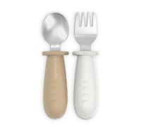 Suavinex, Cubiertos Bebé de Aprendizaje, Pack de Cuchara y Tenedor de Acero Inoxidable, Mango de Silicona Antideslizante, Ergonómicos, Seguros, para BLW, para Bebés +6 Meses, Apto Lavavajillas, Beige