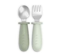 Suavinex, Cubiertos Bebé de Aprendizaje, Pack de Cuchara y Tenedor de Acero Inoxidable, Mango de Silicona Antideslizante, Ergonómicos, Seguros, para BLW, para Bebés +6 Meses, Apto Lavavajillas, Verde