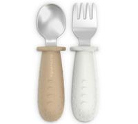 Suavinex, Cubiertos Bebé de Aprendizaje, Pack de Cuchara y Tenedor de Acero Inoxidable, Mango de Silicona Antideslizante, Ergonómicos, Seguros, para BLW, para Bebés +6 Meses, Apto Lavavajillas, Beige