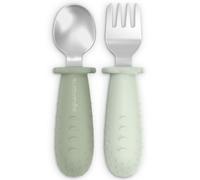 Suavinex, Cubiertos Bebé de Aprendizaje, Pack de Cuchara y Tenedor de Acero Inoxidable, Mango de Silicona Antideslizante, Ergonómicos, Seguros, para BLW, para Bebés +6 Meses, Apto Lavavajillas, Verde