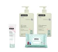 Suavinex - Kit de maquillaje grande - Champú suave 750 ml + leche hidratante 750 ml + pomada para pañales de 50 ml + paquete de 25 toallitas para recién nacidos, 4 productos
