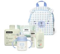Suavinex, Mochila Guardería para Bebés, Canastilla con Cosmética, Oso | Con Colonia Bebés 50 ml + Crema Pañal 30 ml + Pack 25 Toallitas Dermohidratantes + Gel Champú 300 ml + Taza de Aprendizaje