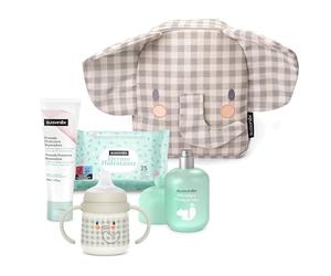 Suavinex, Mochila Guardería para Bebés, Canastilla - Regalo para Bebé con: Baby Cologne Memories 100 ml + Crema Pañal 75 ml + Pack 25 Toallitas Dermohidratantes + Taza de Aprendizaje, Elefante Gris
