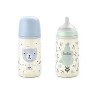 Suavinex, Pack 2 Biberones 270 ml, Tetina Fisiológica SX Pro de Silicona con Válvula Anticólico, Flujo Medio (M), Líquidos Densidad Media, Leche, Zumos, Agua. Bebés +3 Meses. Birdies, Wild&Free, Azul