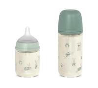 Suavinex, Pack 2 Biberones Vidrio: 120 + 240 ml Flujo Lento/Medio, Verde | Tetina Fisiológica SX Pro Silicona, Válvula Anticolicos, para Leche, Zumos, Agua, Boca Ancha, Bebé +0 Meses, Recién Nacido