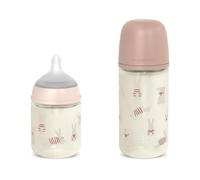 Suavinex, Pack 2 Biberones Vidrio: 120 + 240 ml Flujo Lento y Medio, Rosa | Tetina Fisiológica SX Pro Silicona, Válvula Anticolicos, para Leche, Zumos, Agua, Boca Ancha, Bebé +0 Meses, Recién Nacido
